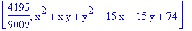 [4195/9009, x^2+x*y+y^2-15*x-15*y+74]
